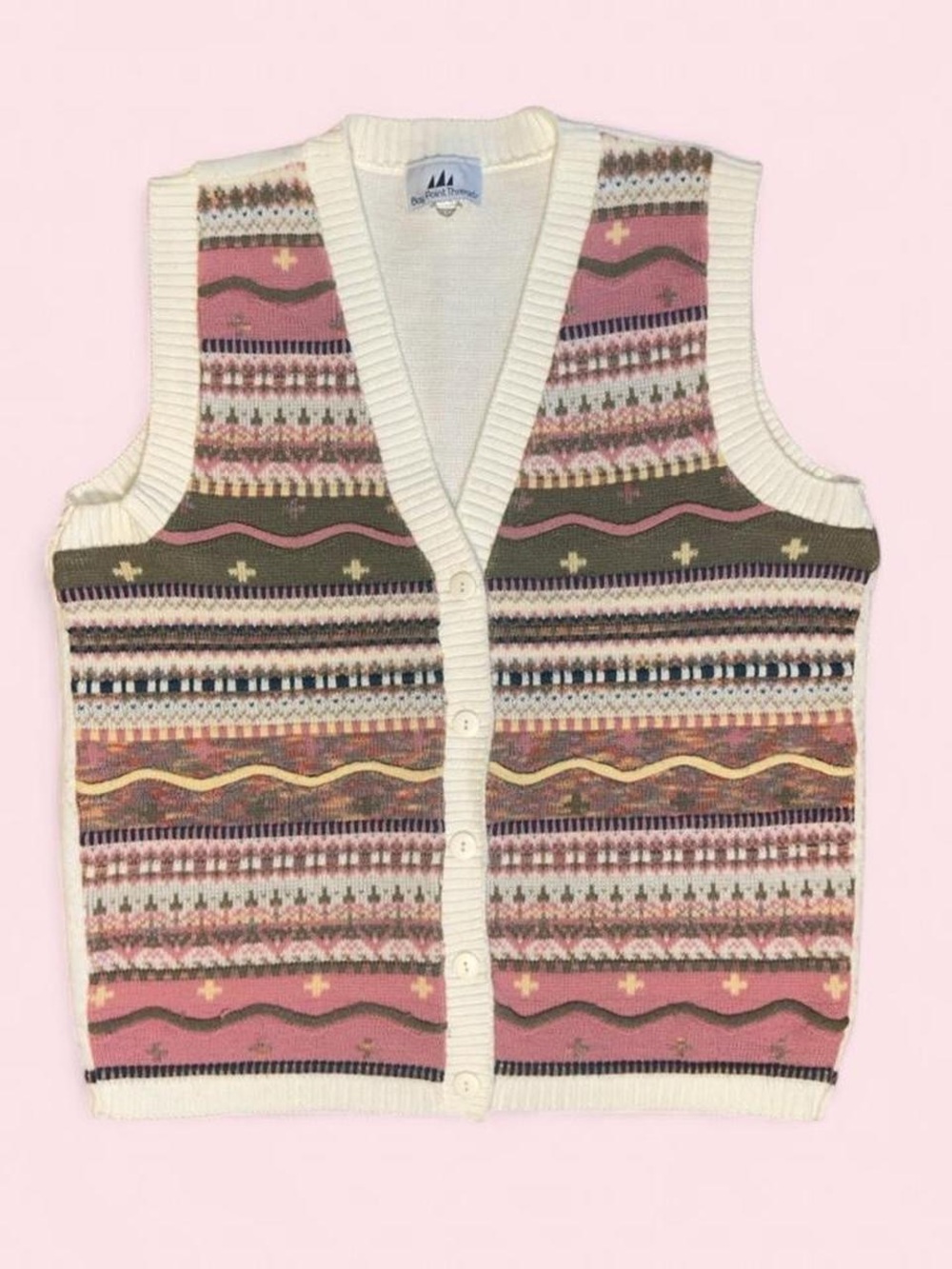 Pink Fair Isle Knit Button Vest